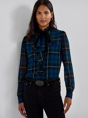 Lauren Ralph Lauren Women’s Plaid Ruffle Trim Georgette Blouse Size XS